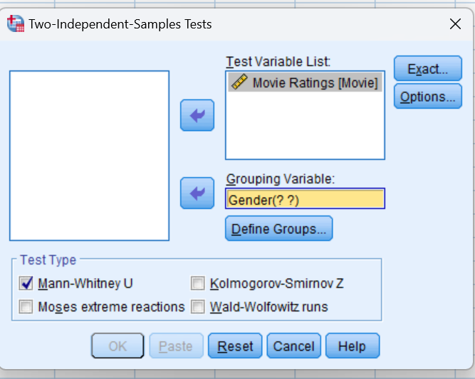 Moving dependent variable to test variable list and the independent variable to the grouping variable box.