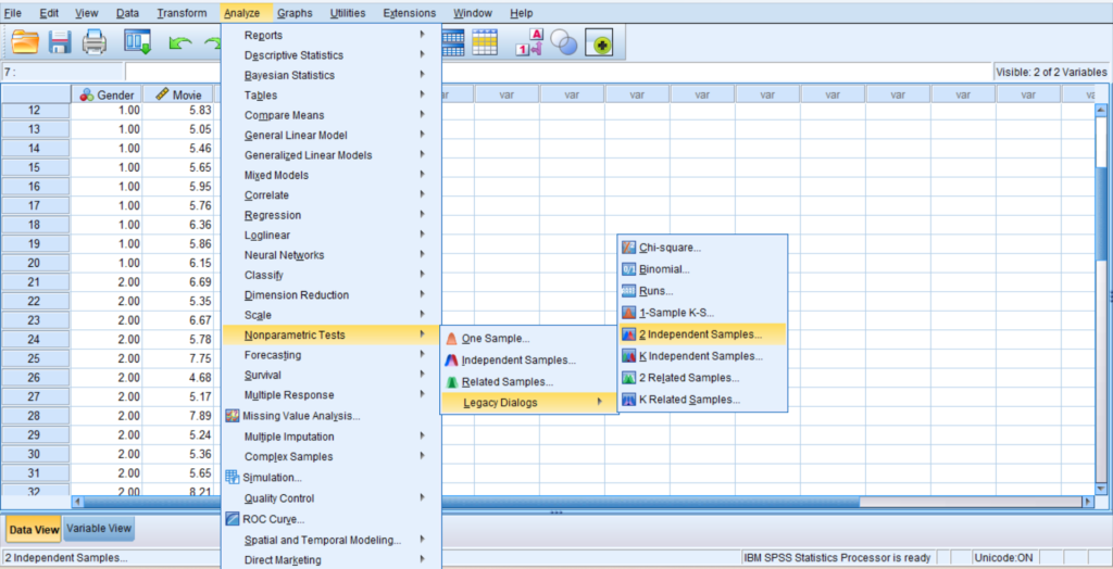 Analyze → Nonparametric Tests → Legacy Dialogs → 2 Independent Samples in SPSS