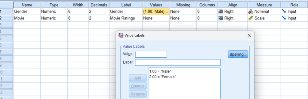 Imported and organized data variable view in SPSS